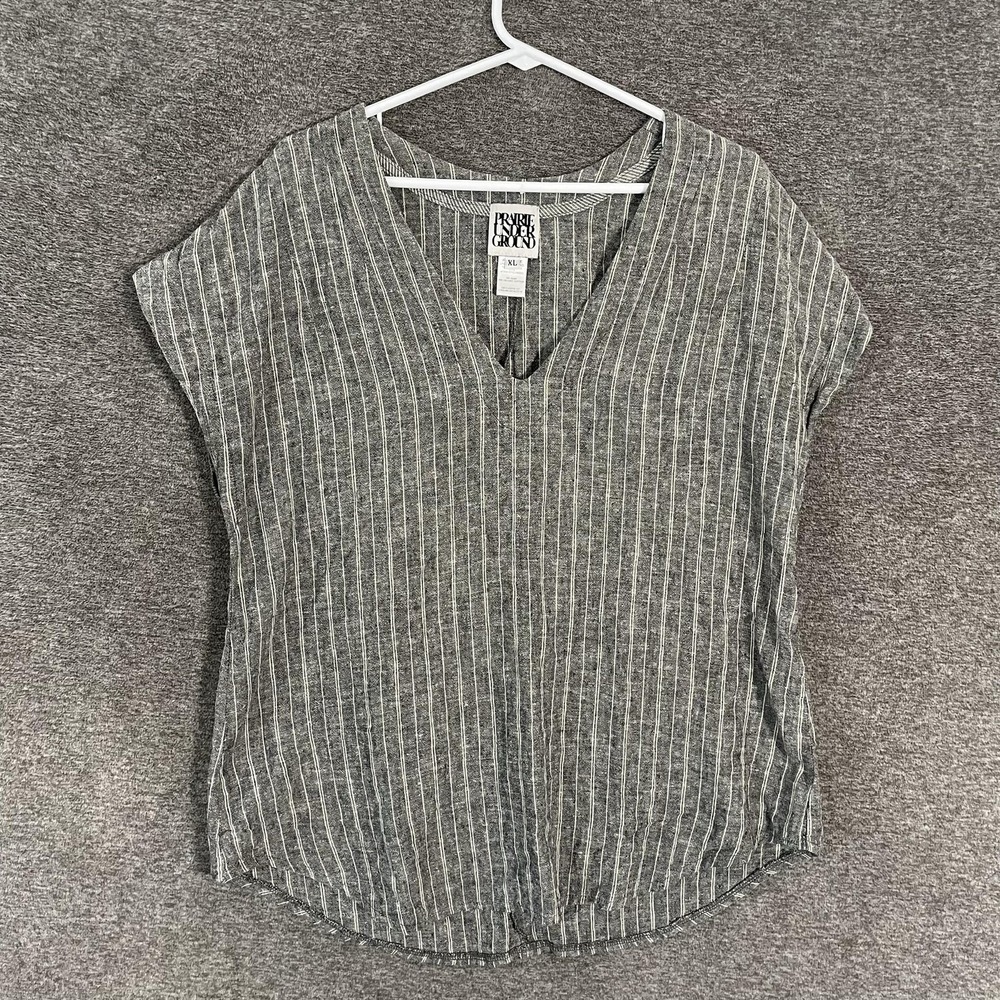 Prairie Underground Tunic Top Womens XL Gray Striped Hemp Organic V Neck Dolman